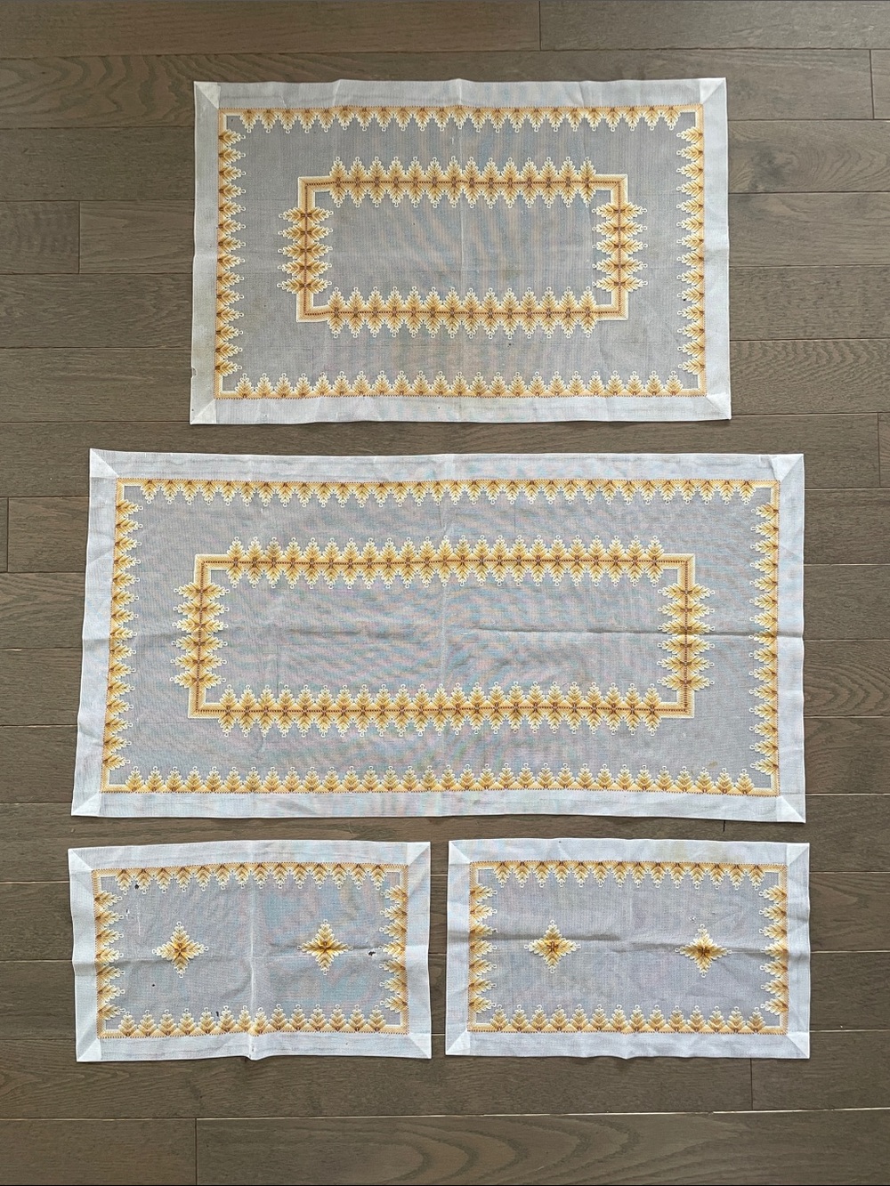 Vintage Embroidered Gold and White Doilies Handmade 4 Pc Set Table Runner